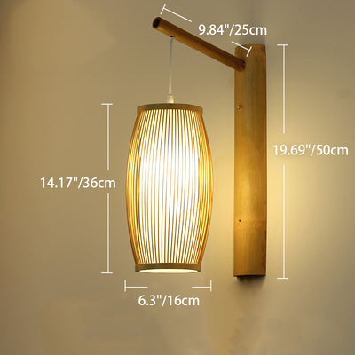 Traditional Chinese Cylinder Round PVC Wood 1-Light Wall Sconce Lamp For Living Room