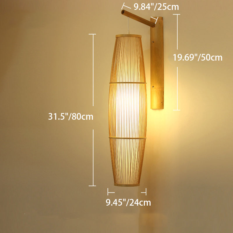 Traditional Chinese Cylinder Round PVC Wood 1-Light Wall Sconce Lamp For Living Room