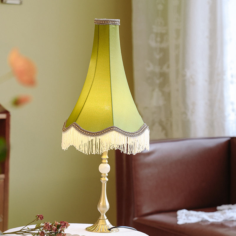 Modern Luxury Conical Round Tassel Fabric Brass Jade 1-Light Table Lamp For Living Room