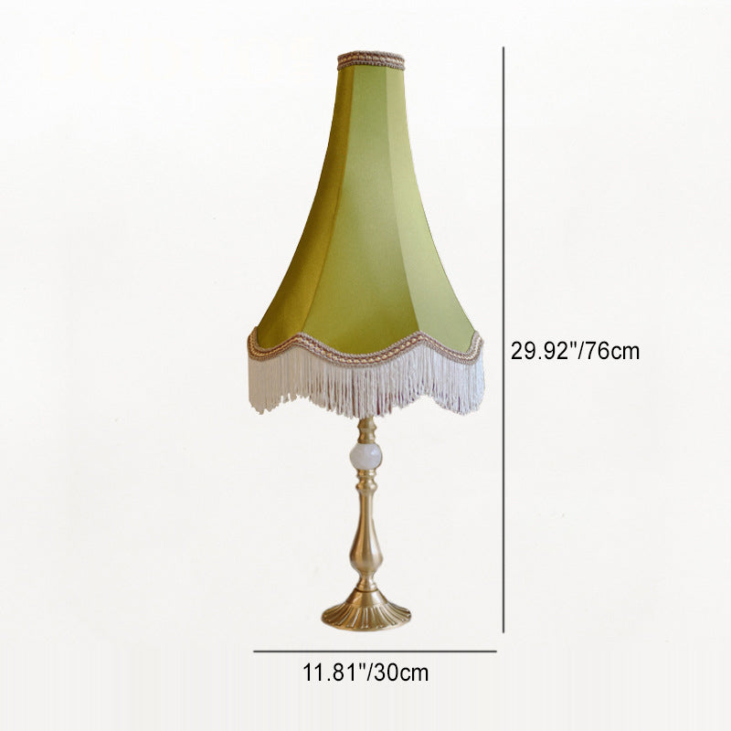 Modern Luxury Conical Round Tassel Fabric Brass Jade 1-Light Table Lamp For Living Room