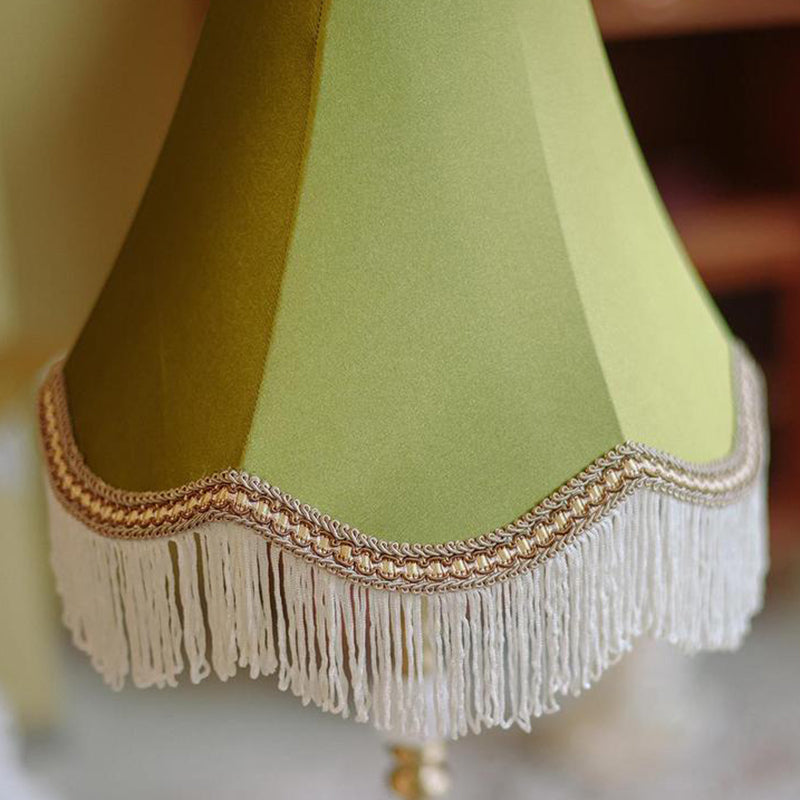 Modern Luxury Conical Round Tassel Fabric Brass Jade 1-Light Table Lamp For Living Room