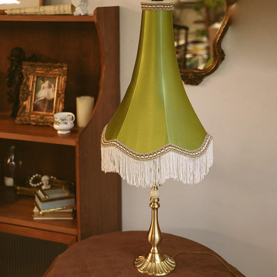 Modern Luxury Conical Round Tassel Fabric Brass Jade 1-Light Table Lamp For Living Room