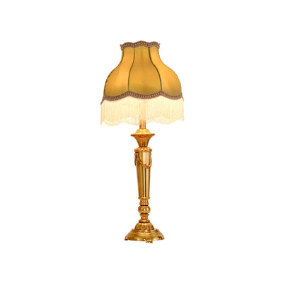 Traditional French Fringe Round Cylinder Fabric Brass 1-Light Table Lamp For Living Room