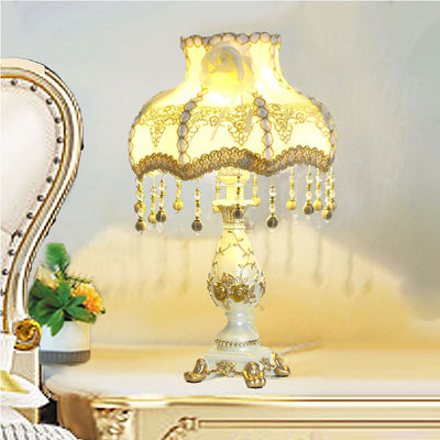 Traditional Chinese Rose Round Pendant Fabric Resin 1-Light Table Lamp For Living Room