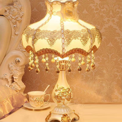 Traditional Chinese Rose Round Pendant Fabric Resin 1-Light Table Lamp For Living Room