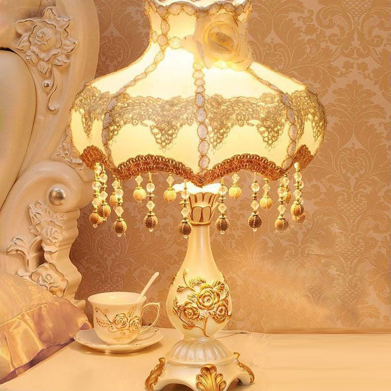 Traditional Chinese Rose Round Pendant Fabric Resin 1-Light Table Lamp For Living Room