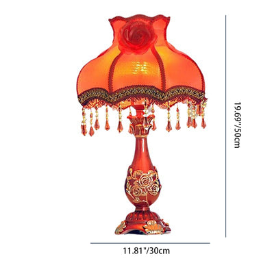 Traditional Chinese Rose Round Pendant Fabric Resin 1-Light Table Lamp For Living Room