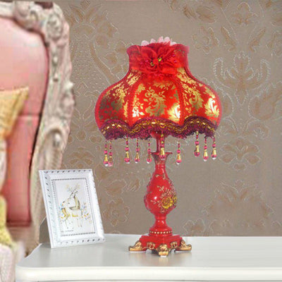 Traditional Chinese Rose Round Pendant Fabric Resin 1-Light Table Lamp For Living Room