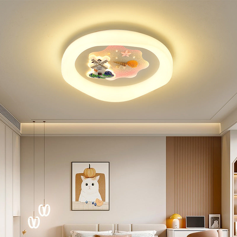 Modern Art Deco Kids Cartoon Pinwheel Beach Round PE Iron LED Flush Mount Ceiling Light For Bedroom