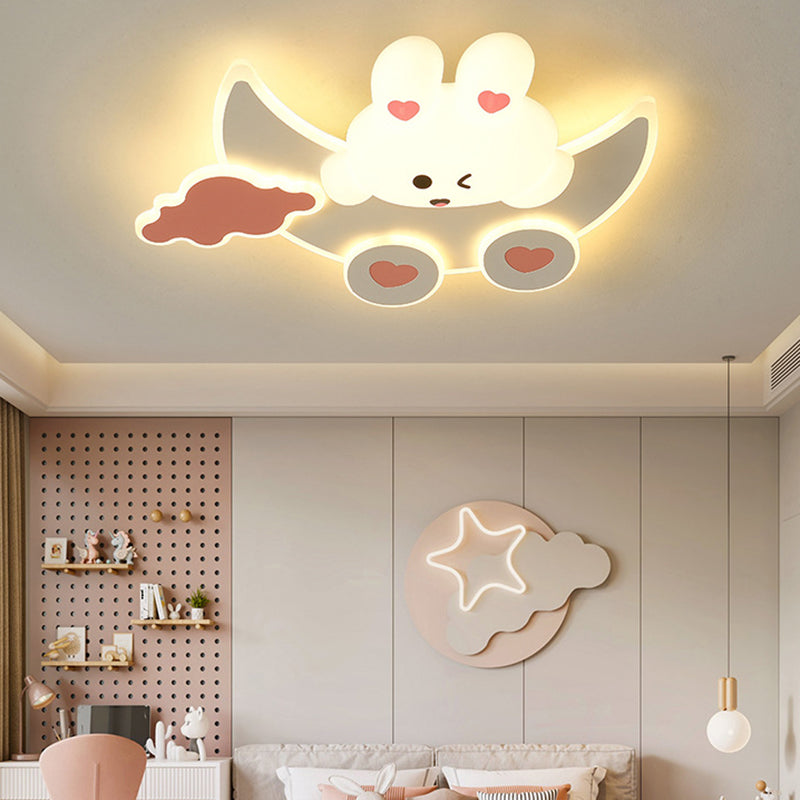 Modern Art Deco Kids Bunny Bear Cloud Crescent PE Iron LED Flush Mount Ceiling Light For Bedroom