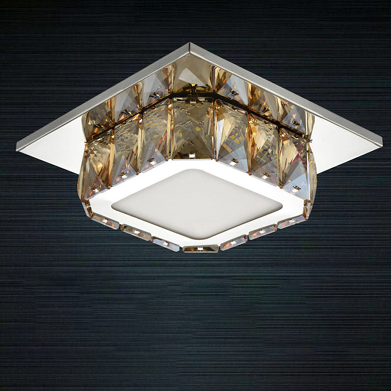 Modern Simplicity Round Square Crystal Stainless Steel LED Flush Mount Ceiling Light For Living Room