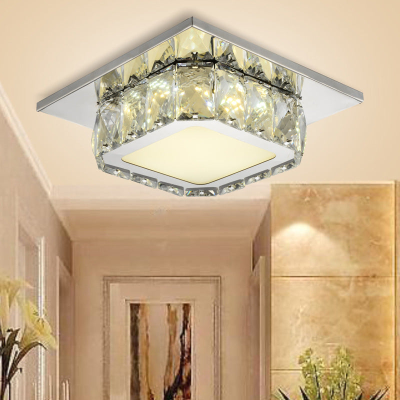 Modern Simplicity Round Square Crystal Stainless Steel LED Flush Mount Ceiling Light For Living Room