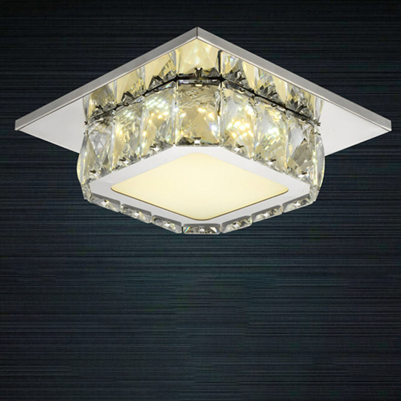 Modern Simplicity Round Square Crystal Stainless Steel LED Flush Mount Ceiling Light For Living Room