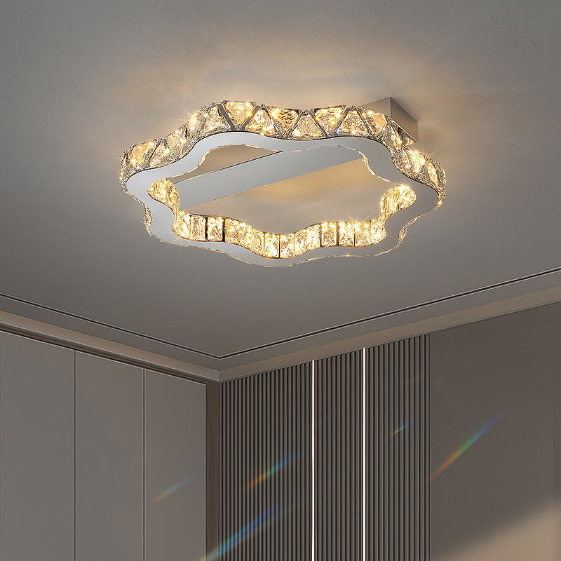 Modern Luxury Floral Wave Crystal Stainless Steel LED Semi-Flush Mount Ceiling Light For Living Room