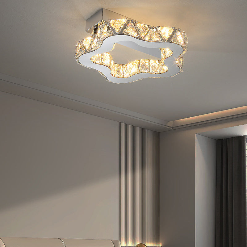 Modern Luxury Floral Wave Crystal Stainless Steel LED Semi-Flush Mount Ceiling Light For Living Room