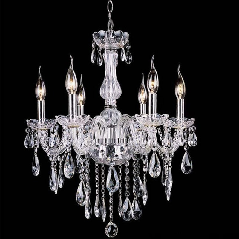 Contemporary Scandinavian Branch Pendant Candle Crystal Glass Metal 6-Light Chandelier For Living Room