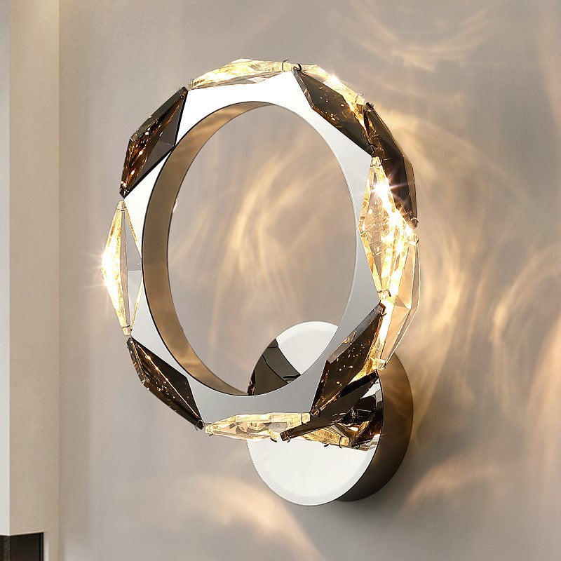 Modern Luxury Prismatic Round Crystal Hardware LED Wall Sconce Lamp For Living Room