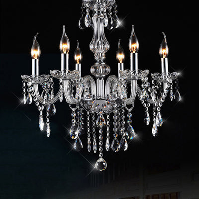 Contemporary Scandinavian Branch Pendant Candle Crystal Glass Metal 6-Light Chandelier For Living Room