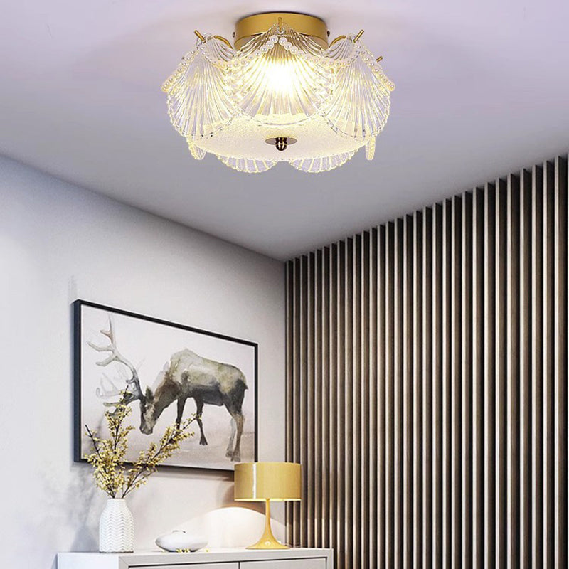 Modern Minimalist Shell Round Crystal Glass Hardware LED Semi-Flush Mount Ceiling Light For Bedroom