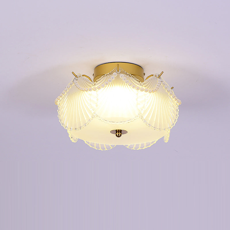 Modern Minimalist Shell Round Crystal Glass Hardware LED Semi-Flush Mount Ceiling Light For Bedroom