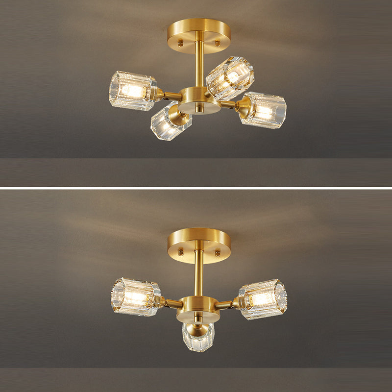 Modern Luxury Branch Square Round Crystal Copper 3/4/5/6 Light Semi-Flush Mount Ceiling Light For Bedroom