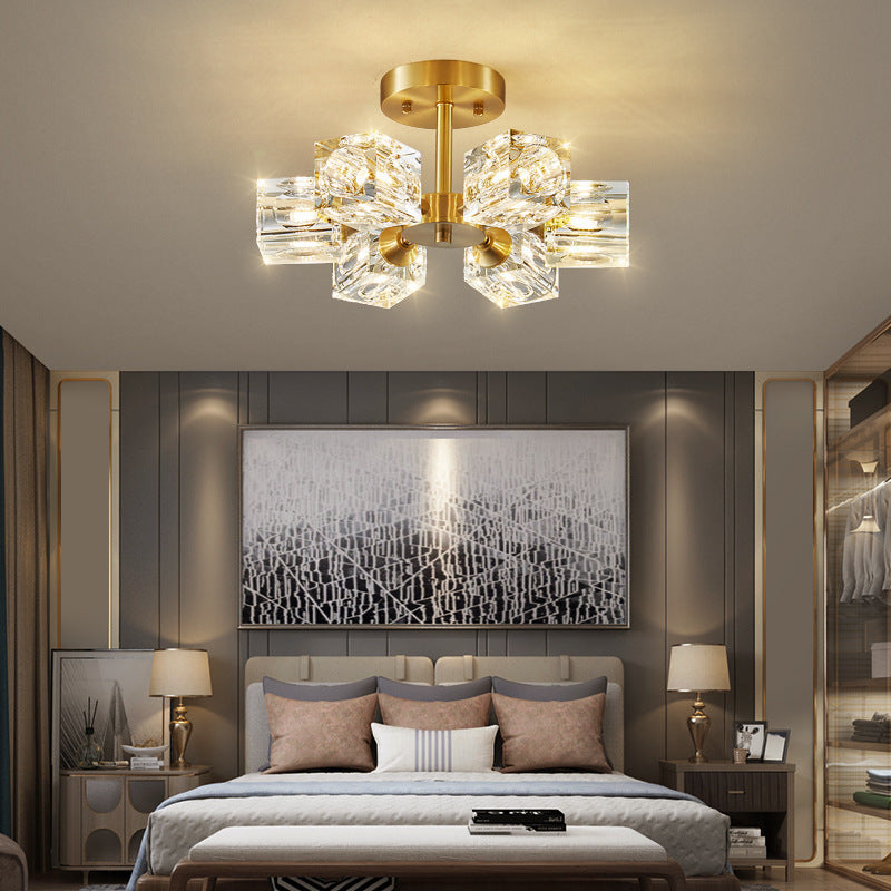 Modern Luxury Branch Square Round Crystal Copper 3/4/5/6 Light Semi-Flush Mount Ceiling Light For Bedroom