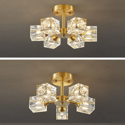 Modern Luxury Branch Square Round Crystal Copper 3/4/5/6 Light Semi-Flush Mount Ceiling Light For Bedroom