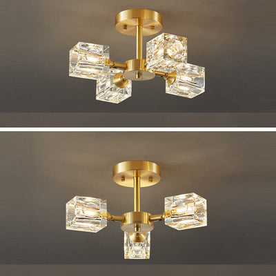 Modern Luxury Branch Square Round Crystal Copper 3/4/5/6 Light Semi-Flush Mount Ceiling Light For Bedroom