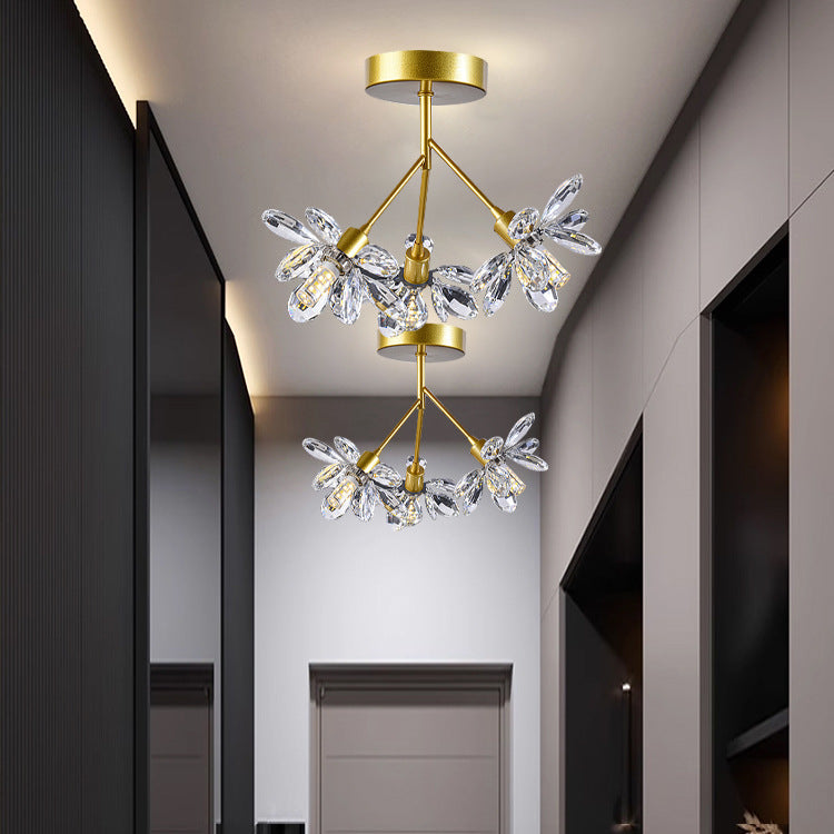 Modern Luxury Branch Round Crystal Iron 3-Light Semi-Flush Mount Ceiling Light For Bedroom