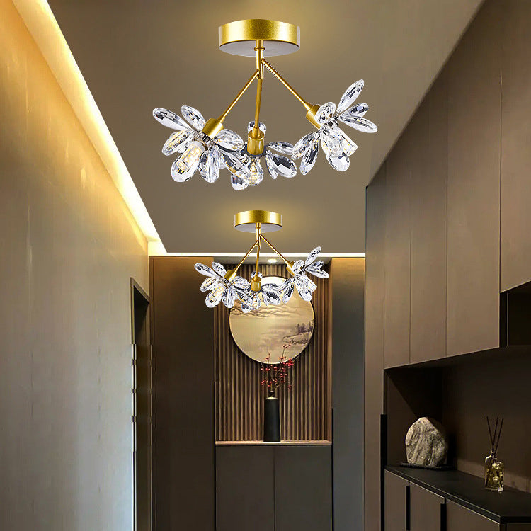 Modern Luxury Branch Round Crystal Iron 3-Light Semi-Flush Mount Ceiling Light For Bedroom