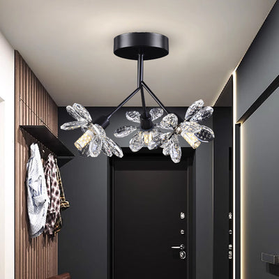 Modern Luxury Branch Round Crystal Iron 3-Light Semi-Flush Mount Ceiling Light For Bedroom