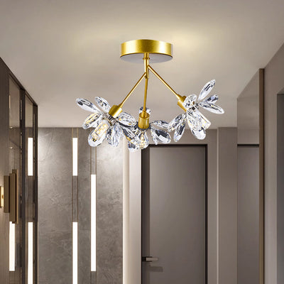 Modern Luxury Branch Round Crystal Iron 3-Light Semi-Flush Mount Ceiling Light For Bedroom