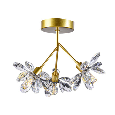 Modern Luxury Branch Round Crystal Iron 3-Light Semi-Flush Mount Ceiling Light For Bedroom