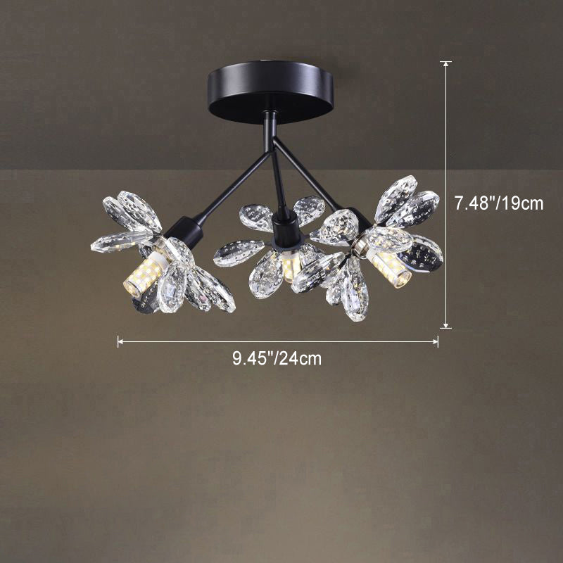 Modern Luxury Branch Round Crystal Iron 3-Light Semi-Flush Mount Ceiling Light For Bedroom