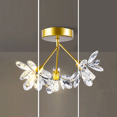 Modern Luxury Branch Round Crystal Iron 3-Light Semi-Flush Mount Ceiling Light For Bedroom