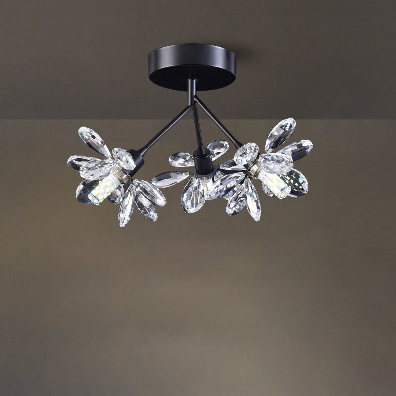 Modern Luxury Branch Round Crystal Iron 3-Light Semi-Flush Mount Ceiling Light For Bedroom