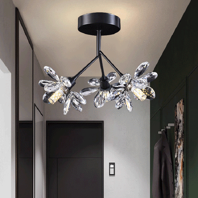 Modern Luxury Branch Round Crystal Iron 3-Light Semi-Flush Mount Ceiling Light For Bedroom