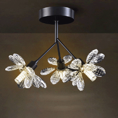 Modern Luxury Branch Round Crystal Iron 3-Light Semi-Flush Mount Ceiling Light For Bedroom