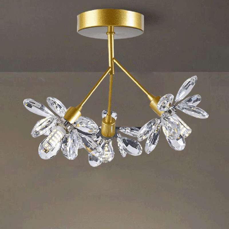 Modern Luxury Branch Round Crystal Iron 3-Light Semi-Flush Mount Ceiling Light For Bedroom