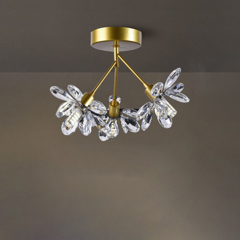 Modern Luxury Branch Round Crystal Iron 3-Light Semi-Flush Mount Ceiling Light For Bedroom