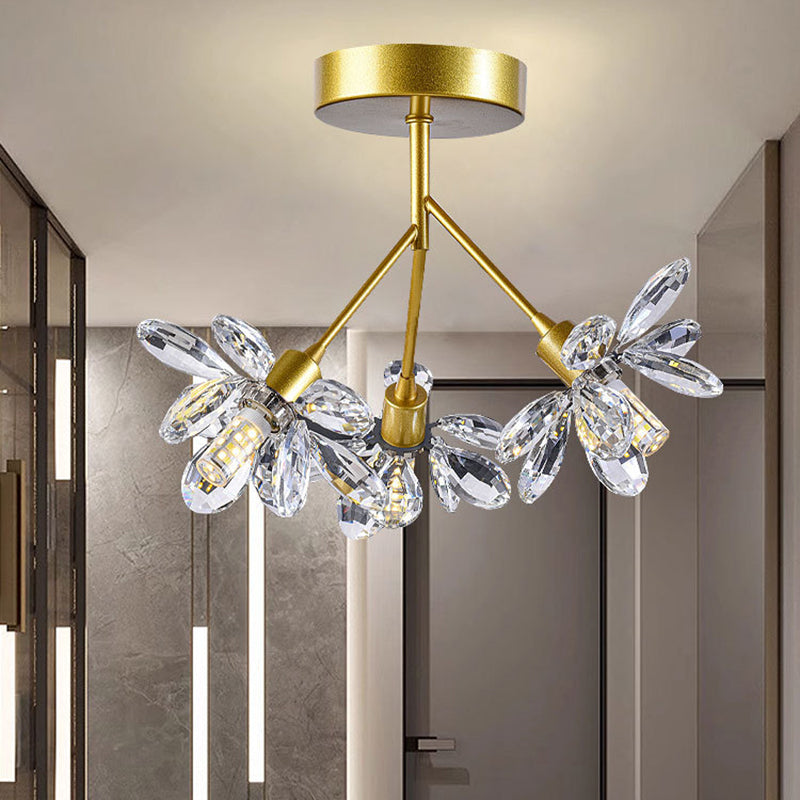 Modern Luxury Branch Round Crystal Iron 3-Light Semi-Flush Mount Ceiling Light For Bedroom