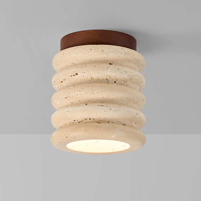 Traditional Japanese Round Columns Yellow Travertine Walnut 1-Light Flush Mount Ceiling Light For Living Room