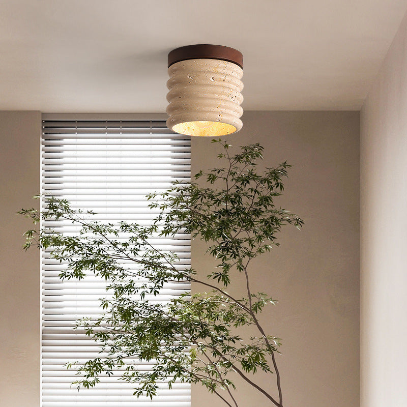 Traditional Japanese Round Columns Yellow Travertine Walnut 1-Light Flush Mount Ceiling Light For Living Room