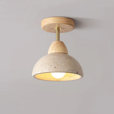 Traditional Japanese Round Cylinder Bowl Yellow Travertine Rubberwood Iron 1-Light Semi-Flush Mount Ceiling Light For Bedroom