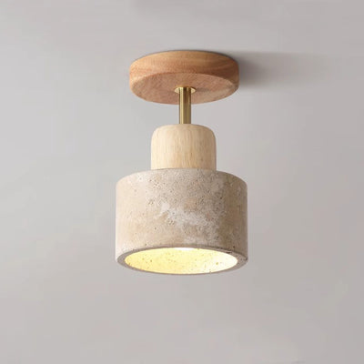 Traditional Japanese Round Cylinder Bowl Yellow Travertine Rubberwood Iron 1-Light Semi-Flush Mount Ceiling Light For Bedroom