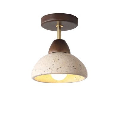 Traditional Japanese Round Cylinder Bowl Yellow Travertine Rubberwood Iron 1-Light Semi-Flush Mount Ceiling Light For Bedroom