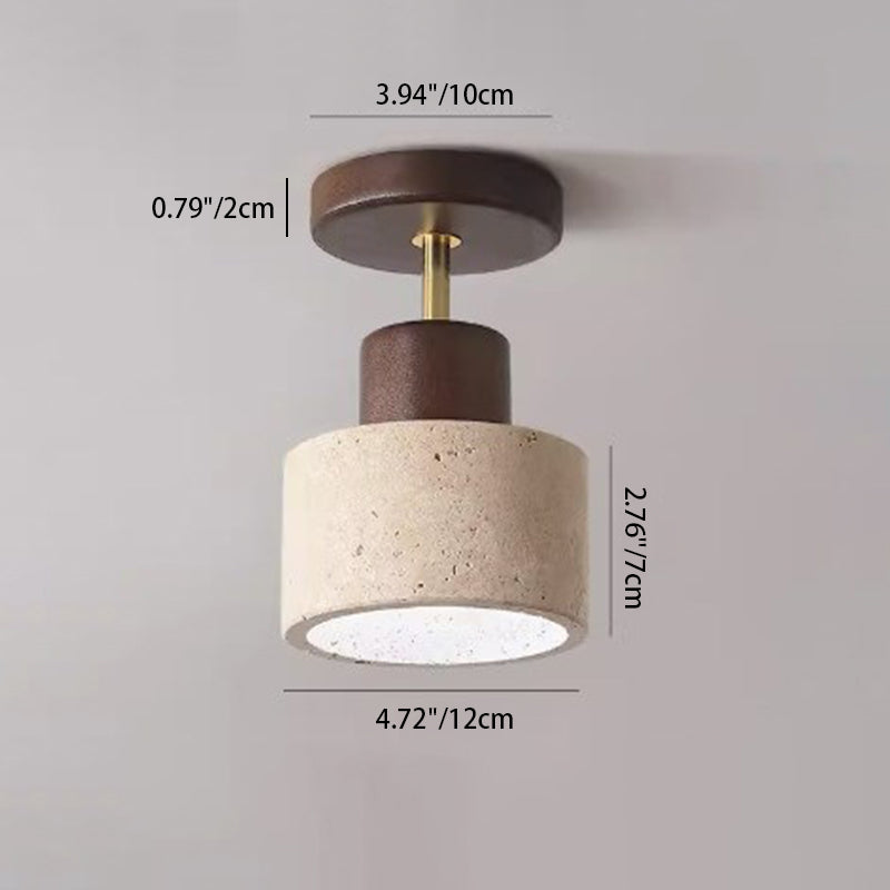 Traditional Japanese Round Cylinder Bowl Yellow Travertine Rubberwood Iron 1-Light Semi-Flush Mount Ceiling Light For Bedroom