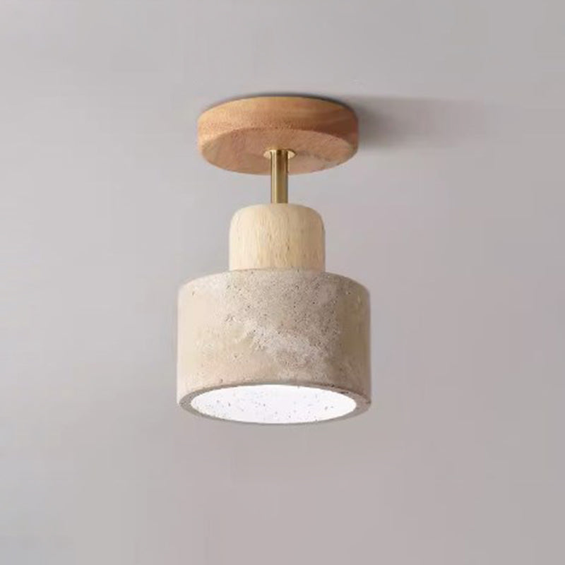 Traditional Japanese Round Cylinder Bowl Yellow Travertine Rubberwood Iron 1-Light Semi-Flush Mount Ceiling Light For Bedroom