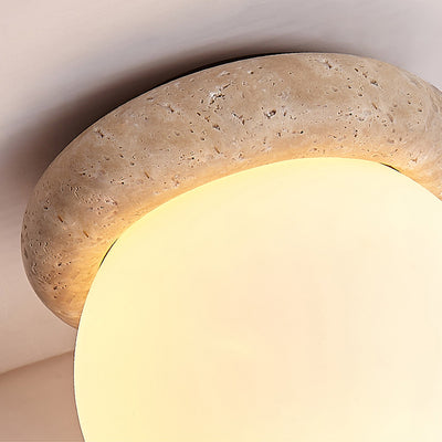 Contemporary Scandinavian Orb Round Yellow Travertine 1-Light Flush Mount Ceiling Light For Living Room