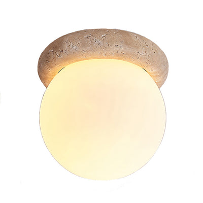 Contemporary Scandinavian Orb Round Yellow Travertine 1-Light Flush Mount Ceiling Light For Living Room